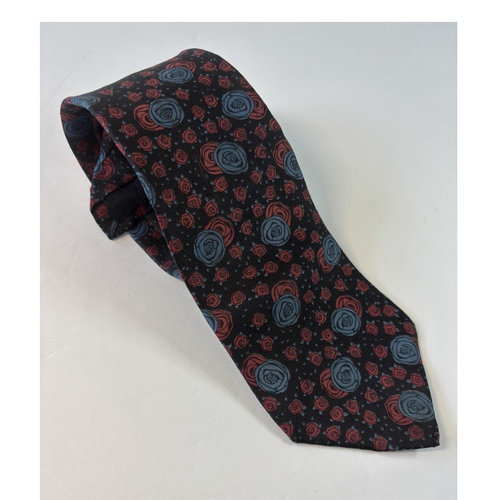 Vintage Nino Cerruti Black Red Blue Floral 100% Silk Designer Men's Tie